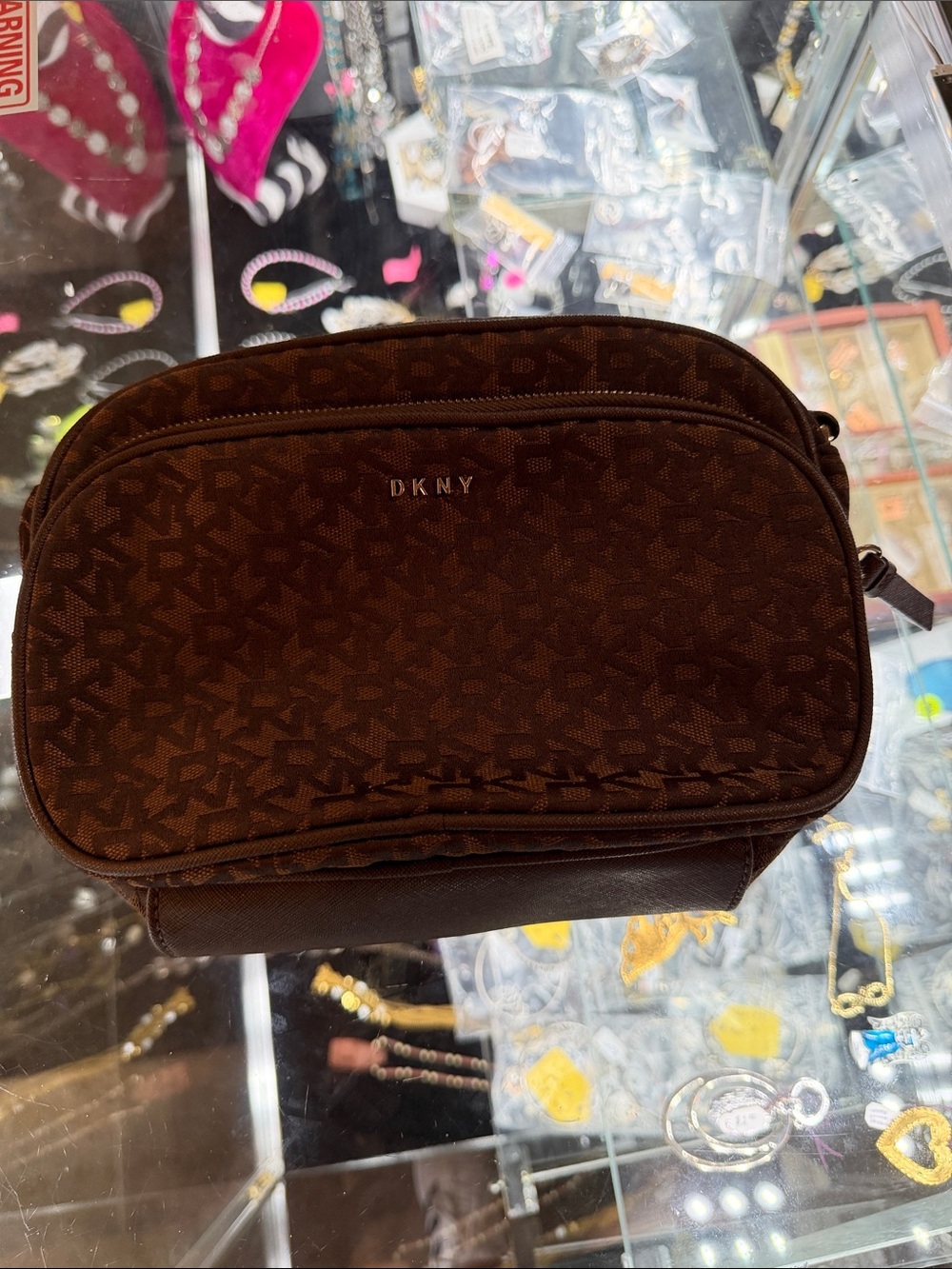 DKNY Brown Logo Toiletry Bag with Zip Closure